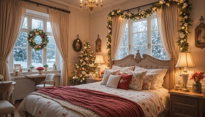 Dreamy Christmas bedroom with snowy view creates cozy holiday spirit and winter joy