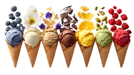 Six colorful ice cream cones with toppings isolated on a transparent background