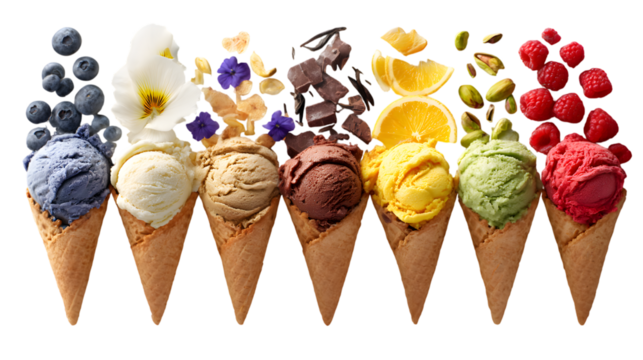 Six colorful ice cream cones with toppings isolated on a transparent background
