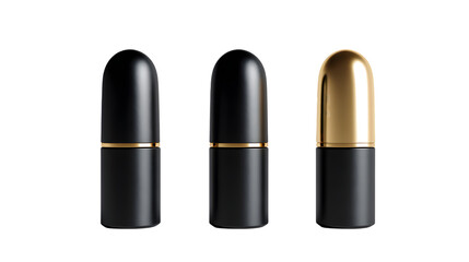 Obraz premium Three black bottles with gold caps isolated on a transparent background