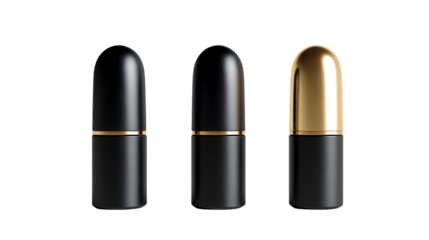 Three black bottles with gold caps isolated on a transparent background