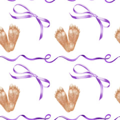 World Prematurity Day in seamless pattern of purple ribbons with bows and premature baby feet.Watercolor pattern for medical campaigns,charity projects,baby products,supportive social media content