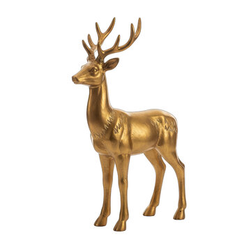 Golden Deer Statue with Intricate Detailing Standing Still Against a Transparent Background Highlighted by Studio Lighting