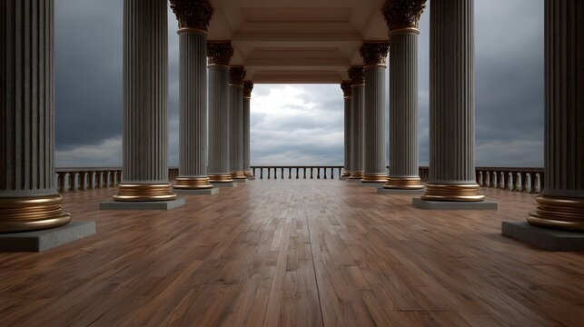 A grand classical walkway with ornate columns and a wooden floor opening to a dramatic sky filled with clouds - Powered by Adobe