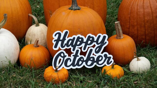 Person sets the wording Happy October on a Pile of Pumpkins at a Pumpkin Patch 4K Video Stock Footage