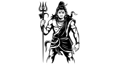 Fototapeta premium Lord Shiva Standing with Trishula, Powerful Black and White Vector Illustration, Hindu God Mahadev with Third Eye and Damaru, Traditional Indian Mythology Tattoo Design