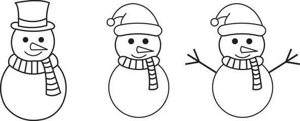 Three hand drawn snowmen characters wearing hats and scarves in winter