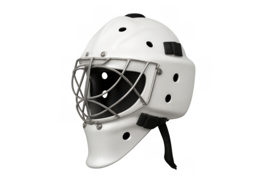 Ice hockey goalie mask protecting face during sports game, professional headgear for playing extreme winter sport