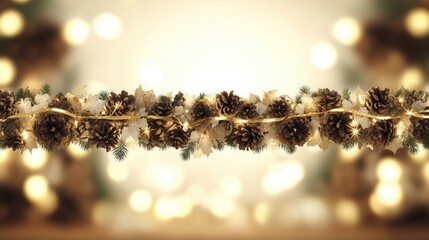 Decorative border features glowing golden fairy lights intertwining with pinecones creating a warm festive ambiance for gatherings and celebrations