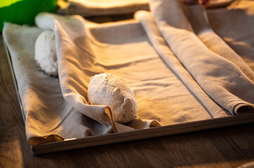 Raw dough resting on proofing cloth on metal tray during bread preparation process before baking, showcasing rustic texture of unbaked bread loaves