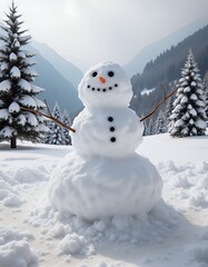 Obraz premium Panoramic view of happy snowman in winter scenery with copy space snowman christmas holiday decoration winter season cute snow