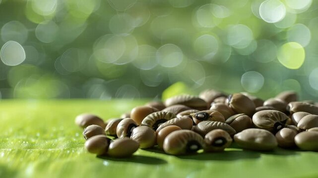Small beans set against bright, natural green background