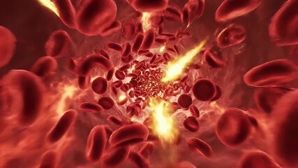 A highly detailed and dynamic illustration of red blood cells flowing through a blood vessel with a sense of motion and energy - Powered by Adobe