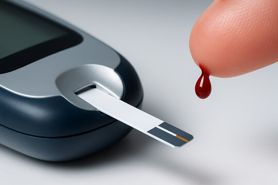 A detailed macro shot of a fingertip releasing a blood drop toward a glucose test strip inserted into a digital meter, illustrating routine monitoring and precise diagnostic health care.