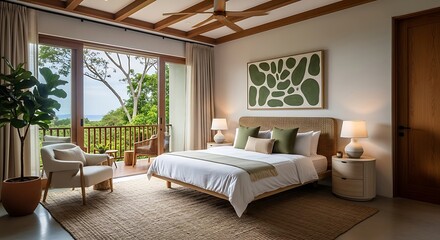 Luxurious Bedroom with Balcony Overlooking Lush Greenery.