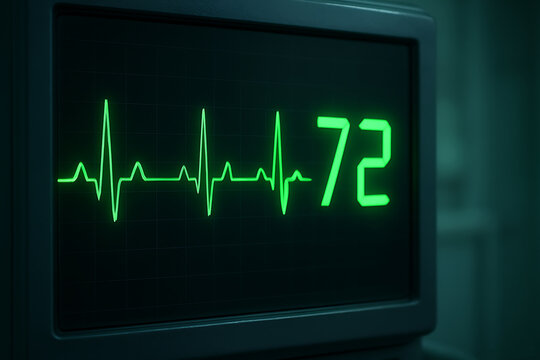 A glowing green ECG line and heart rate reading of 72 BPM displayed on a medical monitor, capturing the rhythmic waveform and clinical atmosphere of real-time vital sign tracking. - Powered by Adobe