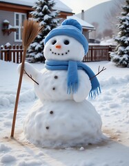 Obraz premium Cheerful snowman with blue hat and scarf holding a broom in winter snow snowman christmas holiday decoration winter season cute snow