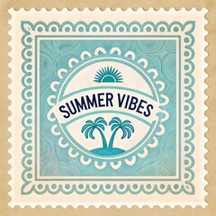 Summer Vibes Postage Stamp with Palm Trees and Sun.