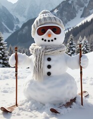 Obraz premium Cute snowman with skis and ski goggles dressed in a knit hat and scarf ready for winter sports fun concept for christmas winter sports and holiday decorations snowman christmas holiday decora