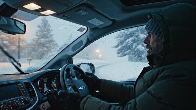 Man driving in snowy weather, focusing on winter travel, warm clothing and safety, seasonal vibes with snow-covered landscape