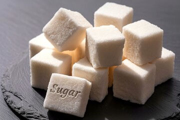 A stack of white sugar cubes with the word sugar embossed on one