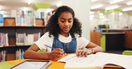 Library, student and child with smile, writing or fine motor skills with knowledge, learn and growth. Education, cognitive development and girl with assignment, paperwork and exam for scholarship