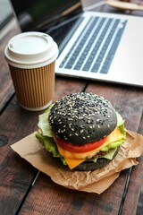 Black burger and coffee on a wooden desk with laptop