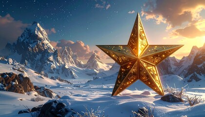 A golden, decorative star stands in a snow-covered valley with snow-capped mountains under a wintery, sunset sky