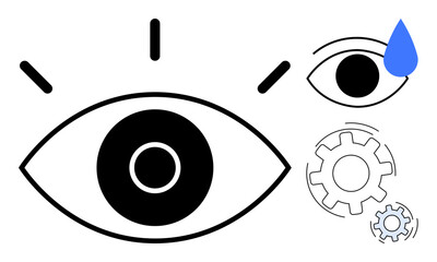 Large eye centerpiece indicating focus, smaller eye with blue tear for emotion, gears symbolizing creativity and processes. Ideal for vision, problem-solving, emotions, innovation, strategy