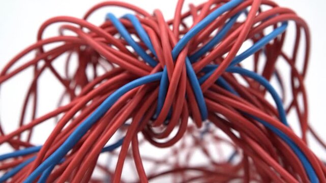 A wrench approaches a tangle of red and blue wires. Technical concept of fixing complex systems