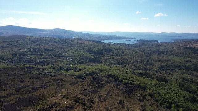 Drone Shot, Landscape of Cork County and Caha Mountain, Ireland, Hills and Sea Coast