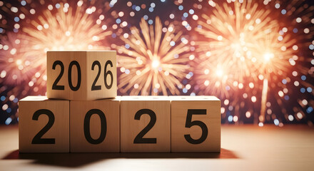 Wooden blocks displaying the year 2025 transitioning to 2026 with fireworks celebration in background