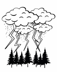 Minimilist clouds with lightning and rain above a forest of pine trees in black and white illustration style vector