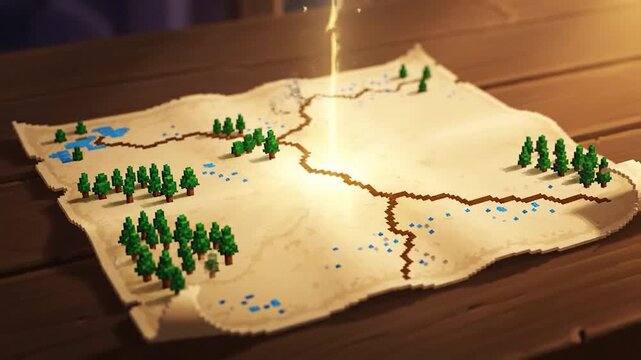 Animated map on wooden surface, illuminated with light and stylized design elements