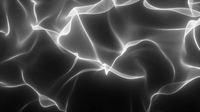 Luminous white lines form flowing caustic patterns, like light on water or silk fabric. Ideal for elegant or abstract backgrounds. Seamless loop