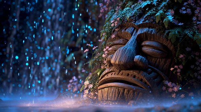 Hawaiian Tiki Tribal Sculpture &ndash; Glowing Neon Eyes Closeup of a Carved Wooden Tiki Mask