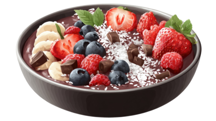 Acai bowl with fresh toppings arranged in a vibrant nutritious presentation creating a colorful healthy display on white background