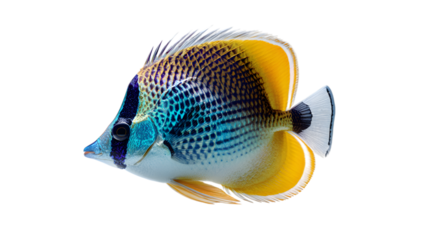 Beautiful vagabond butterflyfish isolated on transparent background swimming in the ocean