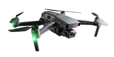 Drone with propellers and camera isolated on transparent background