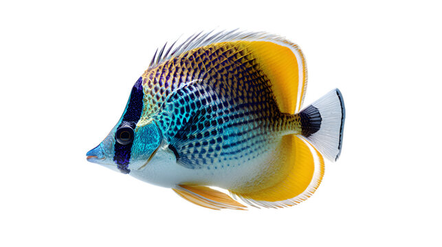 Beautiful vagabond butterflyfish isolated on transparent background swimming in the ocean