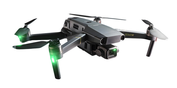 Drone with propellers and camera isolated on transparent background