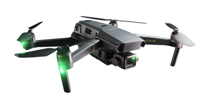 Drone with propellers and camera isolated on transparent background