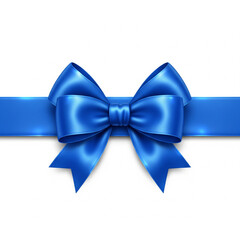 A vibrant blue satin ribbon tied into a perfect bow elegantly displayed isolated on white background