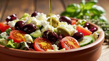 Fresh Greek salad in a rustic bowl, vibrant mix of tomatoes and olives, Mediterranean diet inspiration with a farmhouse touch