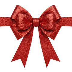 A festive red glitter bow with ribbon tails tied neatly in the center isolated on white background