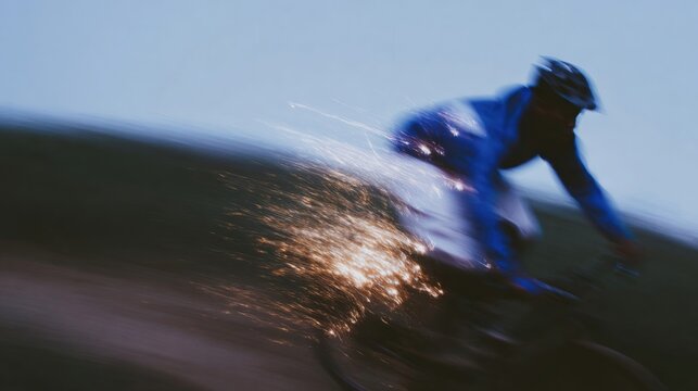 Cyclist in Blue-White Racing Suit Speeding with Dynamic Motion Blur and Red Accents