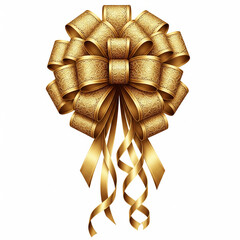 A large ornate golden christmas bow with intricate patterns and flowing ribbons isolated on white background