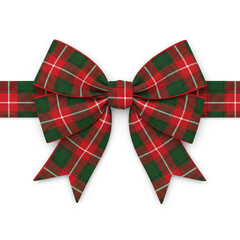 A festive red and green tartan plaid bow with a matching ribbon band isolated on white background