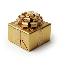 A luxurious golden gift box with a decorative bow presented isolated on white background