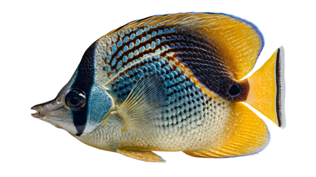 Beautiful yellow and blue fish isolated on transparent background